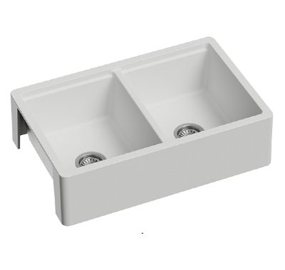 GRANMASTER TAPERED FARMHOUSE QUARTZ BELFAST WHITE DOUBLE BOWL SINK (Reversible - Flat/Ribbed Front), GRA0086